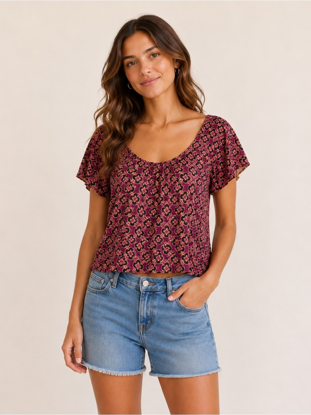 Lucky Brand Burgundy and Pink Floral Scoop Crop Top